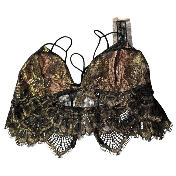 Lace & Metallic Esme Bralette Foil Lace For Love & Lemons Skivvies Black Gold - Picture 6 of 9